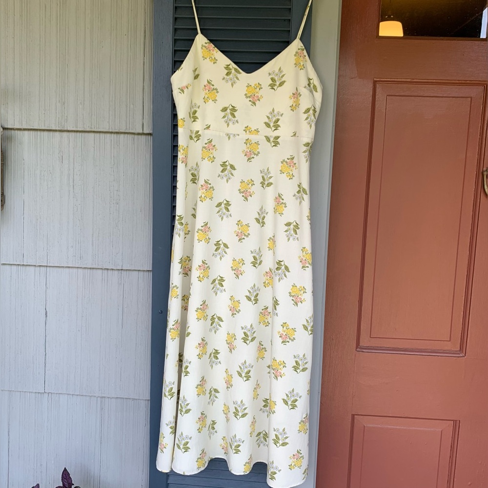 Zara Ecru/White Midi Slip Dress with Yellow, Blue, Pink, Green Floral Print L